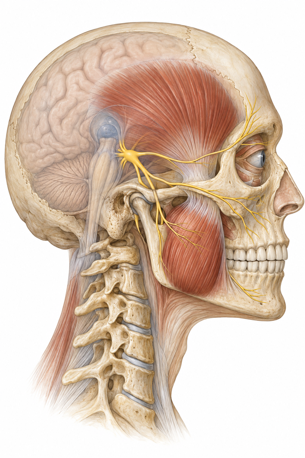 Kiefer, Trigeminus-Nerv mit drei Ästen und obere Halswirbelsäule — anatomische Darstellung