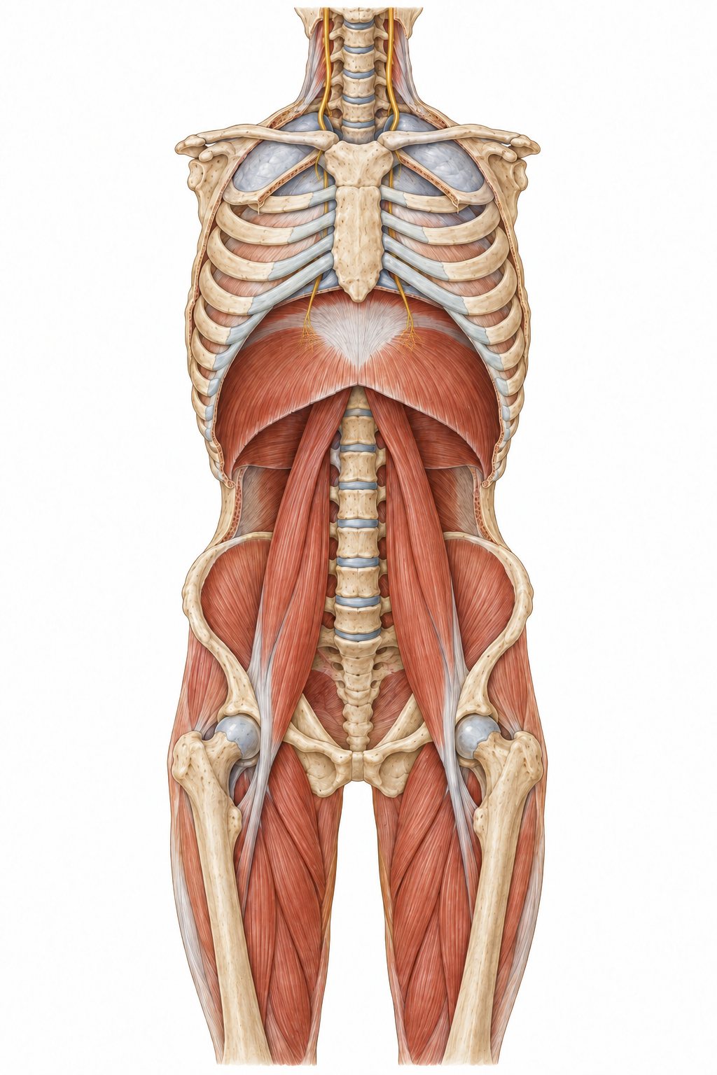 Rumpf von vorne: Halswirbelsäule mit Zwerchfellnerv, Brustbein und Rippen, Zwerchfell, Psoas, Hüftgelenke und Adduktoren — anatomische Darstellung